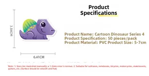 Detailed specs of waterproof PVC purple dinosaur stickers with 5-7cm size display