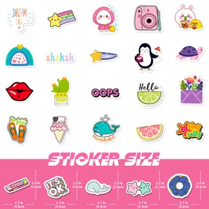 Size chart for 100pcs waterproof fresh camera stickers for laptops and water bottles