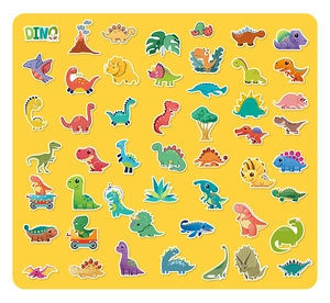 Flat lay of colorful cartoon dinosaur stickers featuring T-Rex and volcano on yellow background