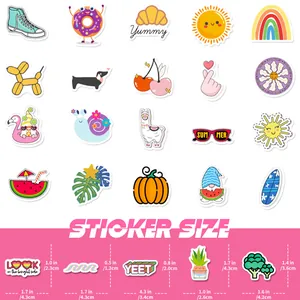 Size chart for 100pcs waterproof camera stickers showing dimensions of various cute designs