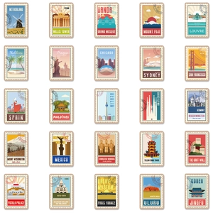 Set of 25 colorful world landmark stickers featuring global city travel icons and monuments