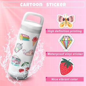 Detail of waterproof vinyl cartoon stickers with vibrant colors for water bottles