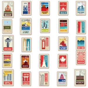 Set of 25 vintage style world landmark stickers featuring iconic global architecture icons