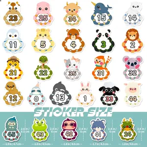 Size chart for 51 early education animal number stickers showing dimensions in inches and cm