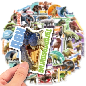 Detailed view of realistic T-Rex dinosaur sticker with waterproof PVC material and white edges