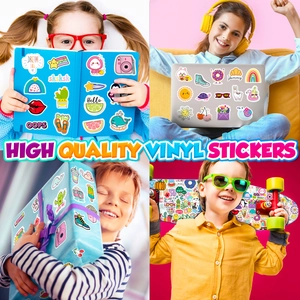 Various cute vinyl stickers shown decorating a laptop, gift box, and skateboard gear
