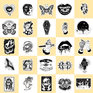 Set di 50 adesivi gotici monocromatici con motivi di strega occulta e magia