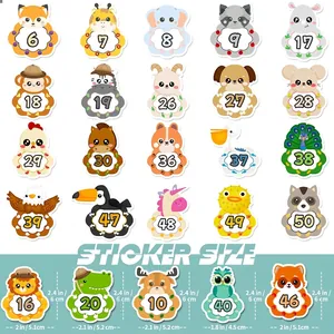 Educational animal number stickers size chart with dimensions in inches and centimeters