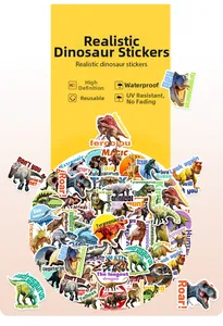 Realistic dinosaur sticker pack featuring T-Rex and Triceratops with waterproof coating