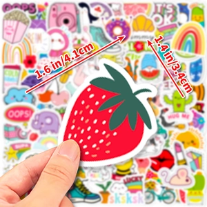 Detail showing a 4cm waterproof strawberry sticker with dimensions and cute camera patterns