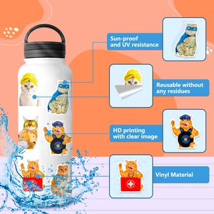 Waterproof vinyl cat stickers on a white water bottle showing UV resistance and HD print quality