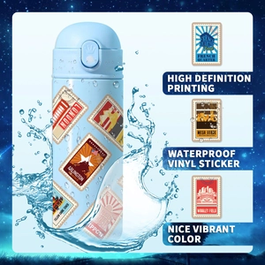 Waterproof vinyl world landmark stickers shown on a blue bottle with macro detail