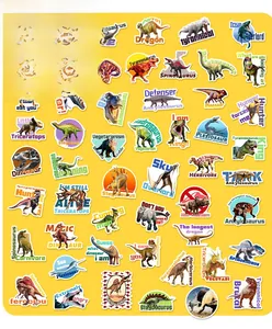 Flat lay of fifty diverse dinosaur stickers including T-Rex and Triceratops on yellow background