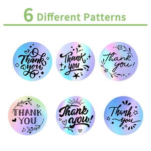 Roll of 500 holographic round Thank You stickers with 6 assorted iridescent designs