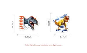 Detailed size guide for dinosaur stickers featuring Rex and T-Rex with dimensions
