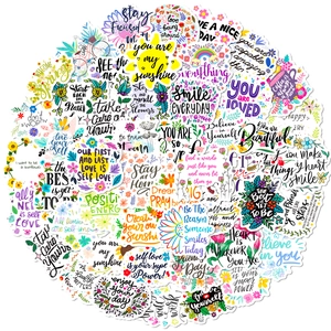 Pack of 50 colorful vinyl stickers with motivational English phrases and floral patterns