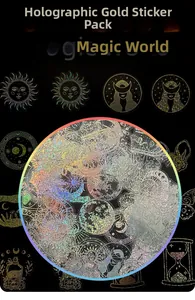 Macro detail of magic world laser gold foil stickers with celestial and mystic patterns