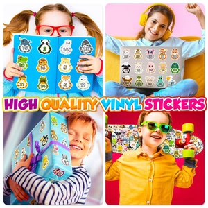 Waterproof vinyl animal number stickers shown on a laptop, book, gift box and skateboard