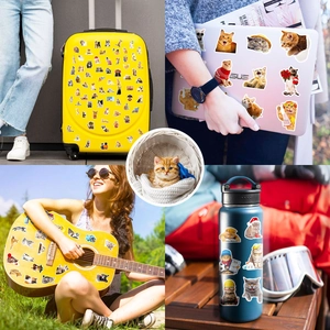 Realistic cat stickers shown on laptop, guitar, and luggage in diverse lifestyle settings