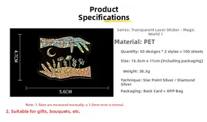 Detail specifications of holographic magic PET stickers showing 100 pieces and sizes