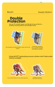 Detail of 300 dpi high-definition dinosaur stickers with sunproof W.P.S film coating