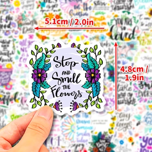 Colorful floral sticker with Stop and Smell the Flowers text 2x1.9 inches