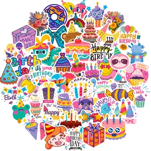 50 bunte Alles Gute zum Geburtstag Aufkleber mit Kuchen Ballon und Tier Motiven