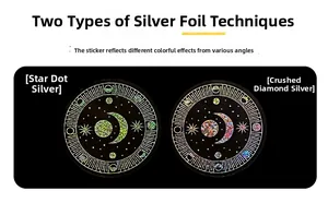 Detail showing laser silver star and moon stickers with holographic foil effects