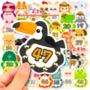Close-up showing colorful animal stickers with numbers and dimensions for early learning