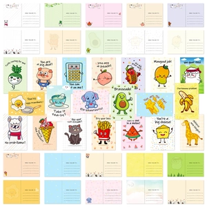 Set of 20 funny cartoon pun postcards with vibrant animal and food designs for kids