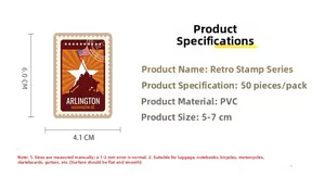 Detailed spec sheet for vintage PVC world landmark stickers with 4.1x6.0cm dimensions