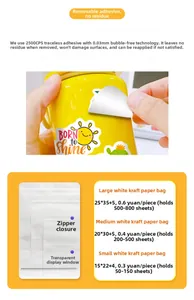Detail of waterproof camera stickers on water bottle and kraft zipper storage pouches