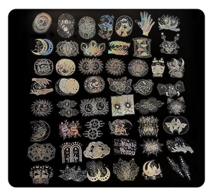 Detailed holographic stickers featuring magic circles, lunar phases, and golden mystic elements