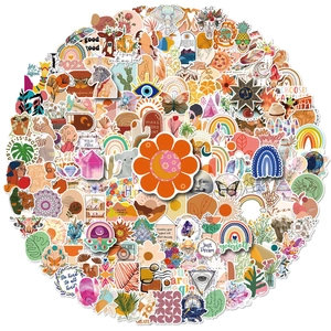 Platte weergave van boho stickers met regenbogen en bloemen met matte afwerking