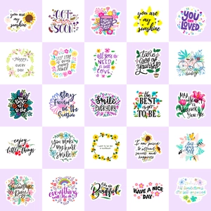 Set of 50 inspirational stickers with floral patterns and motivational English phrases