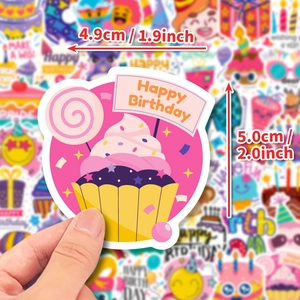 50 Stück Geburtstagsthema Graffiti Aufkleber mit rosa Cupcake und Partyballon Motiven