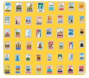 Detailed grid layout of colorful world landmark stickers featuring vintage illustrations
