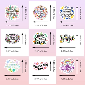Detailed view of nine colorful floral motivational stickers with positive English quotes