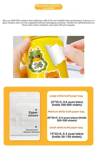 Detail of waterproof number stickers on a cup and various storage bag sizes