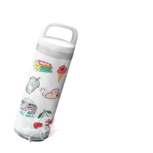 White sports water bottle with colorful cartoon camera and star stickers with water splash