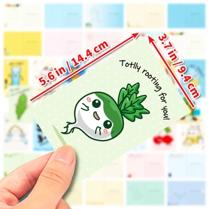 Detail view of cartoon postcard with radish pun and size marking 14.4cm x 9.4cm