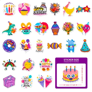Set mit 50 bunten Geburtstags-Graffiti-Aufklebern mit Torten und Party-Ballons