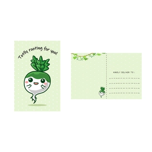 Detail of cartoon vegetable postcard featuring 'Totally rooting for you' pun text and layout