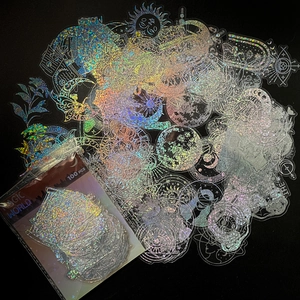 100 holographic Magic World PET stickers featuring celestial sun, moon and astrology designs