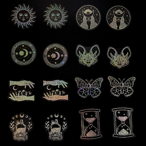 Holographic mystical stickers with tarot sun moon and magic potion designs