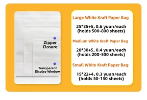 Size guide for white kraft paper zipper bags with clear windows and storage capacity