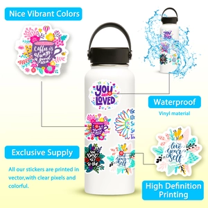 Detail of waterproof vinyl inspirational stickers applied on a white sports water bottle