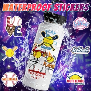 Waterproof softball themed stickers applied on a white sports bottle with water splashes