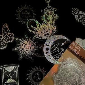 Detailed holographic PET magic world stickers with celestial moon and sun patterns