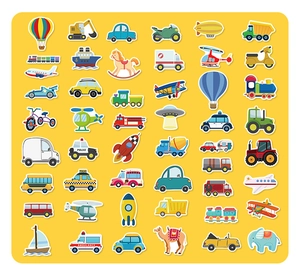 Detailansicht verschiedener Cartoon-Fahrzeug- und Tiersticker für das frühkindliche Lernen